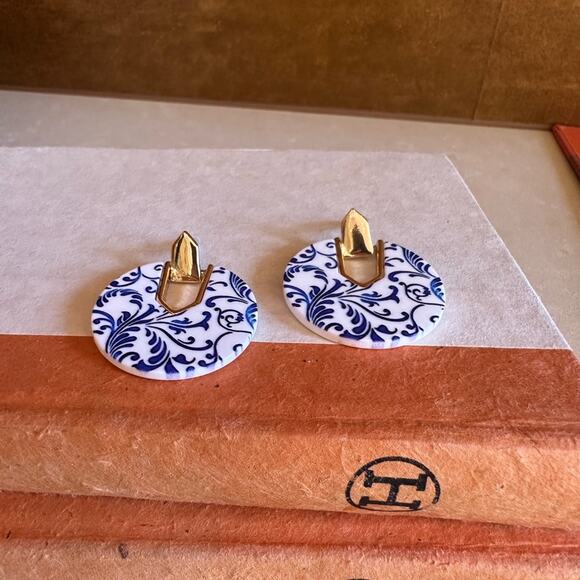 Chic Blue and Gold Swirl Earrings- Greek style, vacation bohemian, Turkish style - Picture 3 of 5